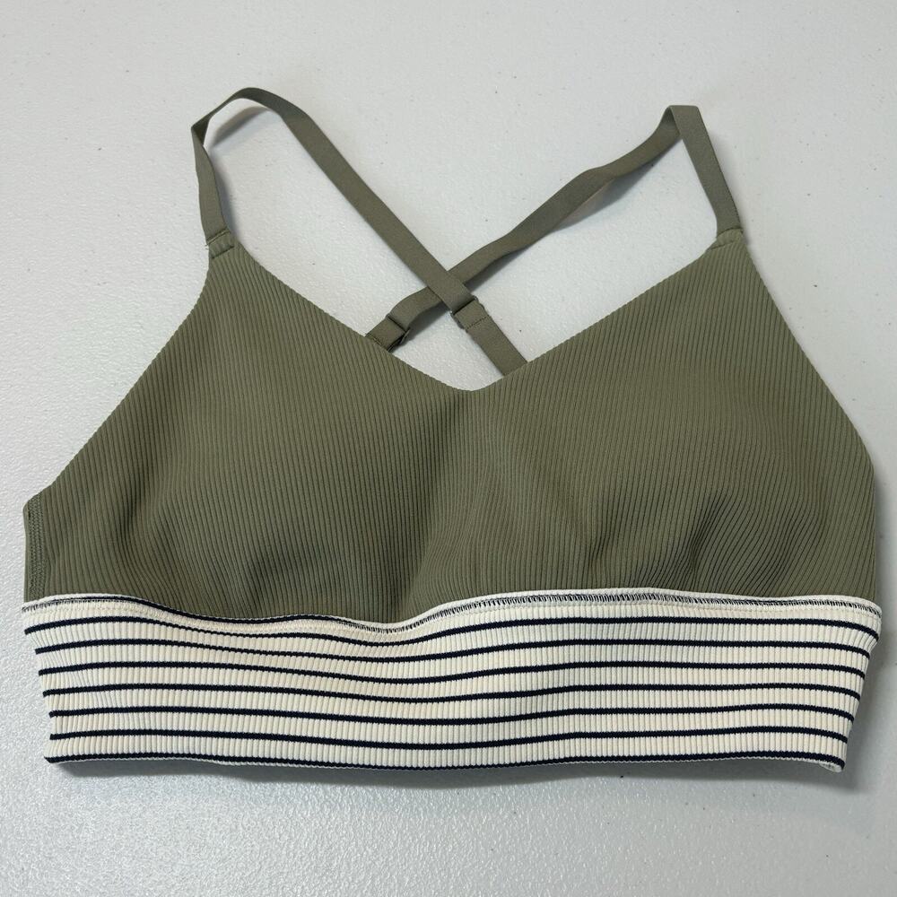 Aerie Offline V-Neck Ribbed Sports Bra Criss Cross Straps Padded Khaki Size M - Picture 3 of 5